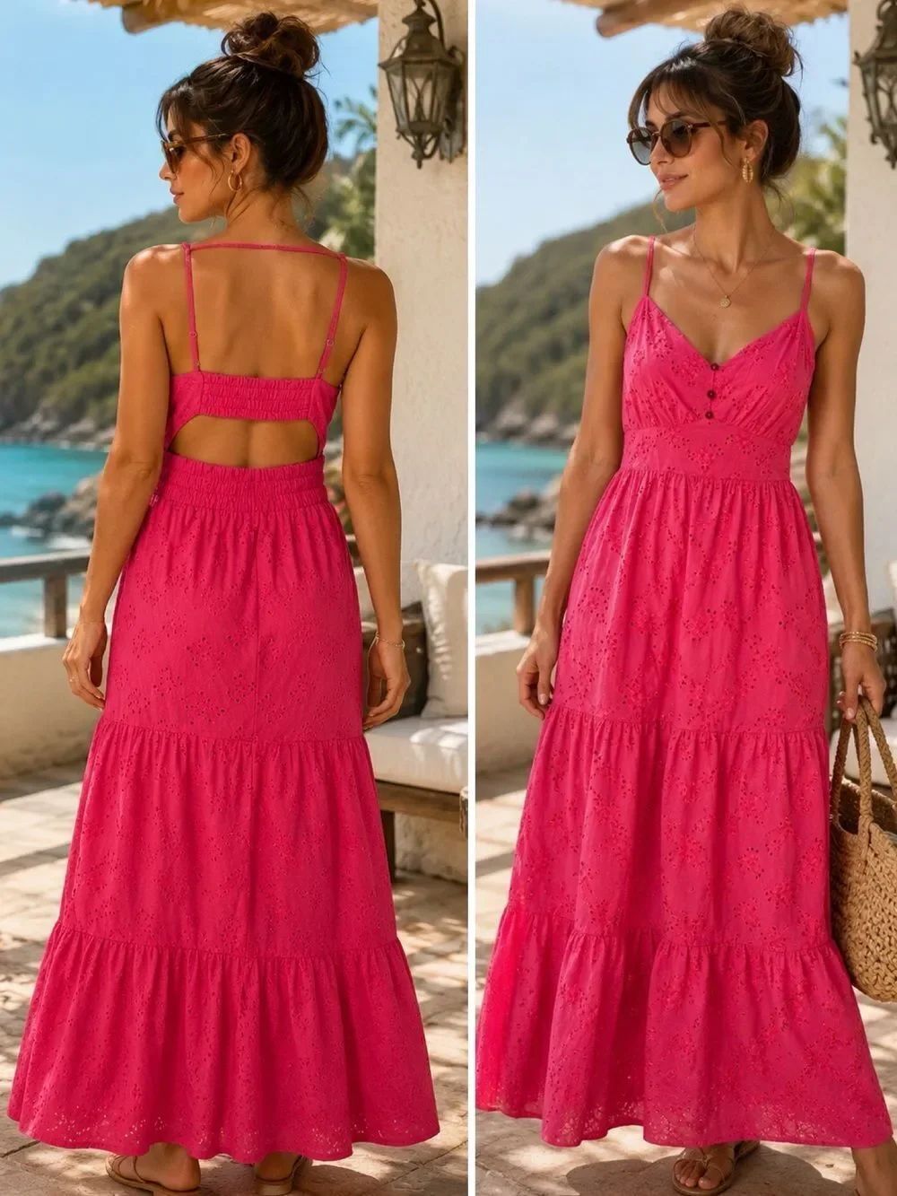 KOKO + MASON Cotton Hot Pink Cutout Tiered Eyelet Maxi Dress Smocked Back M NWT